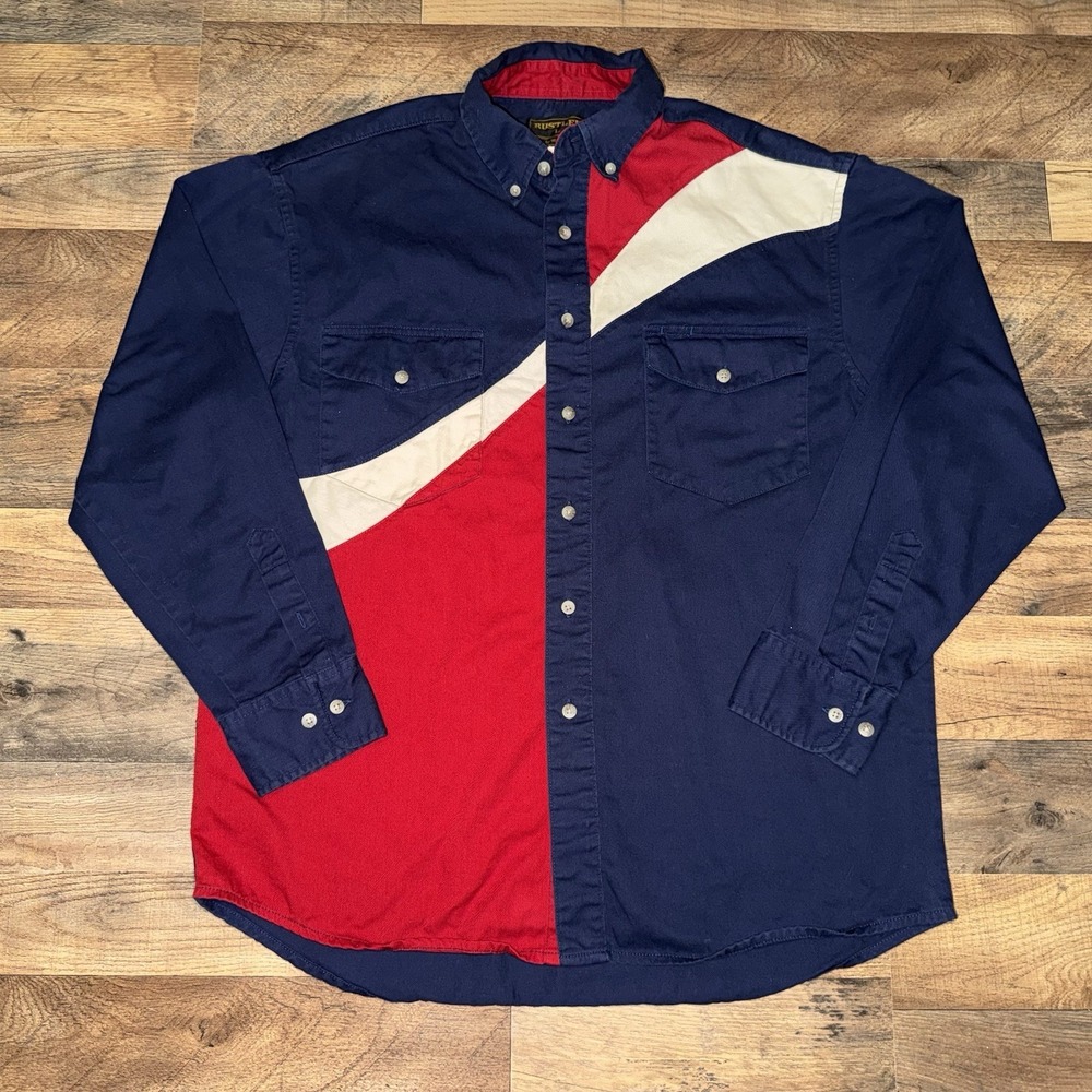 Vintage Rustler Wrangler Western Shirt Mens‎ Large Red White Blue Colorblock